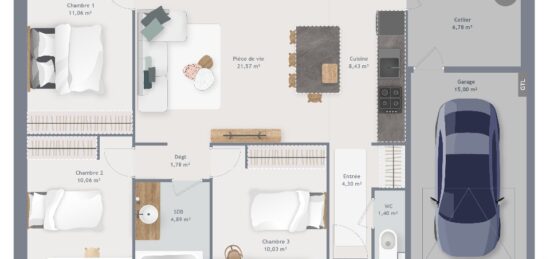 Plan de maison Surface terrain 80 m2 - 5 pièces - 3  chambres -  avec garage 