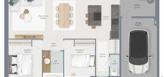 Plan de maison Surface terrain 70 m2 - 4 pièces - 2  chambres -  avec garage 