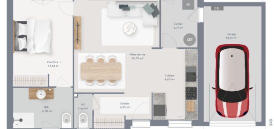 Plan de maison Surface terrain 60 m2 - 3 pièces - 1  chambre -  avec garage 