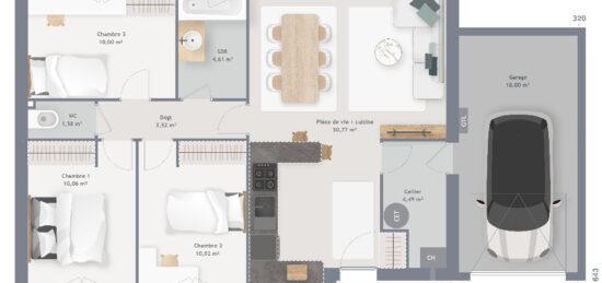 Plan de maison Surface terrain 75 m2 - 5 pièces - 3  chambres -  avec garage 
