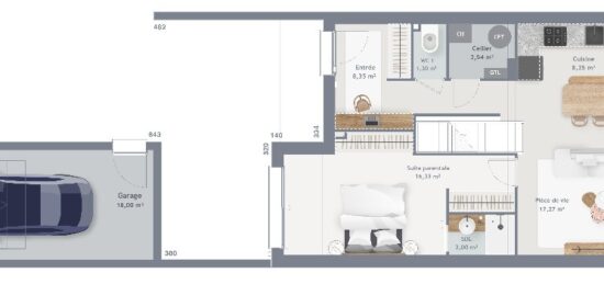 Plan de maison Surface terrain 90 m2 - 6 pièces - 3  chambres -  avec garage 