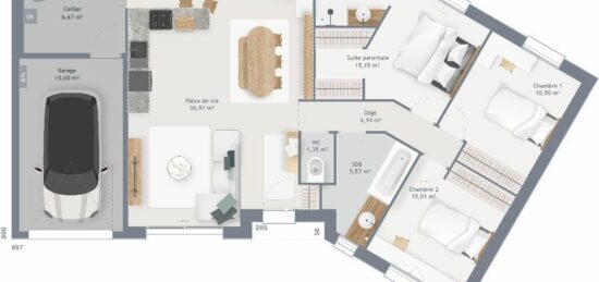 Plan de maison Surface terrain 90 m2 - 5 pièces - 3  chambres -  avec garage 