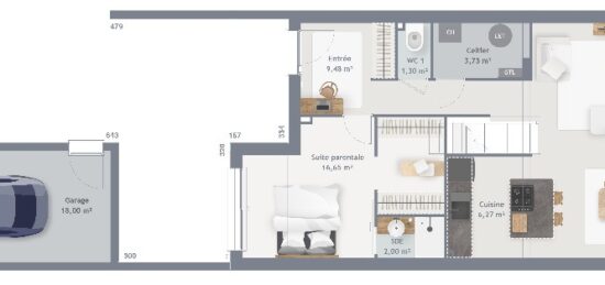 Plan de maison Surface terrain 110 m2 - 6 pièces - 4  chambres -  avec garage 